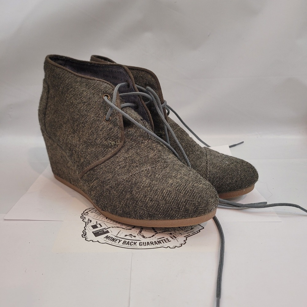 TOMS Desert Wedge Womens Olive Herringbone Lace Up Booties Shoes Size 6W